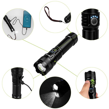 Latarka Akumulatorowa LED Taktyczna 600lm 10W Lampka Ręczna Mocna ZOOM POWERBANK VA0179 VAYOX