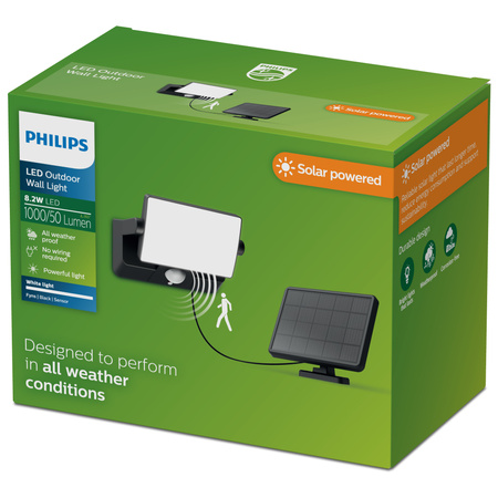 Lampa Solarna Naświetlacz Solarny LED 8.2W 1000lm 3000K Ciepła IP44 Czarny z Czujnikiem Ruchu Fyns Philips