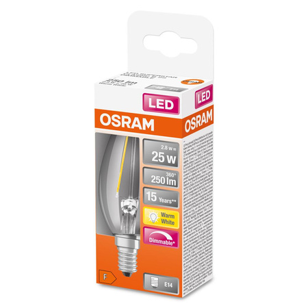 Żarówka LED B35 Świeczka E14 2.8W = 25W 250lm 2700K Ciepła 300° Ściemnialna Retrofit Filament CLASSIC Osram