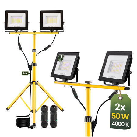 Naświetlacz LED ZUNA2 Halogen Lampa 2x 50W 4000K na Statywie + Przewód + Złącze Hermetyczne LUMILED