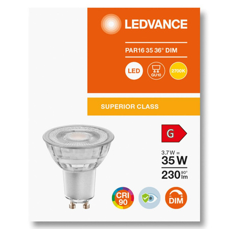 Żarówka LED GU10 3,7W = 35W 230lm 2700K Ciepła 36° CRI90 Ściemnialna Szklana LEDVANCE Superior