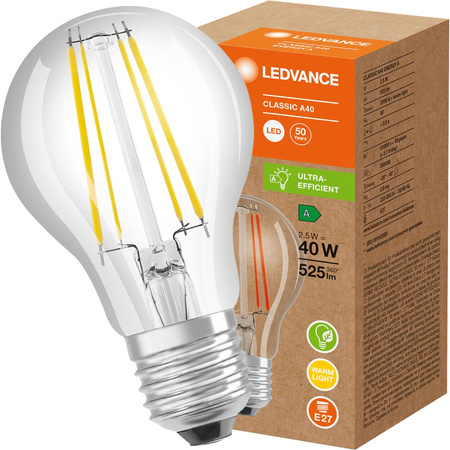 Żarówka LED E27 A60 2,5W = 40W 525lm 3000K Ciepła 300° Filament LEDVANCE Ultra Efficient