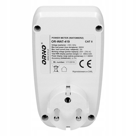 Watomierz z Wyświetlaczem LCD Miernik Licznik Zużycia Prądu Energii do Gniazdka ORNO