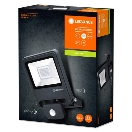 Naświetlacz LED Reflektor Zewnętrzny Lampa 30W 2700lm 4000K IP44 Szary Z Czujnikiem Ruchu i Zmierzchu Endura Ledvance