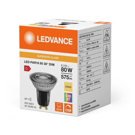 Żarówka LED Reflektor GU10 PAR16 8.3W = 80W 575lm 3000K Ciepła 36° CRI97 Ściemnialna Ledvance