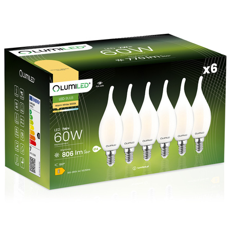 Zestaw 6x Żarówka LED Płomyk BA35 E14 7W = 60W 806lm 3000K Ciepła 360° Filament Mleczna LUMILED