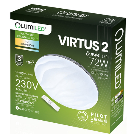 Plafon LED Lampa Sufitowa Natynkowa VIRTUS2 72W IP44 CCT Biały Okrągły 50cm + PILOT LUMILED