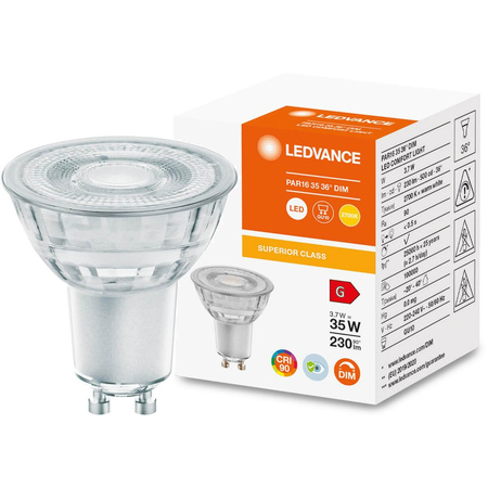 Żarówka LED GU10 3,7W = 35W 230lm 2700K Ciepła 36° CRI90 Ściemnialna Szklana LEDVANCE Superior