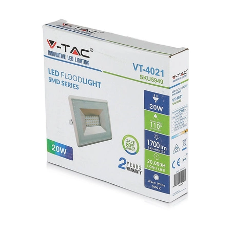 Naświetlacz LED 20W 1700lm 6500K IP65 Biały SMD VT-4021W V-TAC
