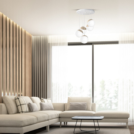 Lampa wisząca SFERA 5xE14 Białe Kule Drewniane Detale MLP5426 Milagro Metal + Drewno + Szkło