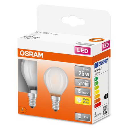 2x Żarówka LED P45 Kulka E14 2.5W = 25W 250lm 2700K Ciepła 300° Retrofit Filament CLASSIC Osram