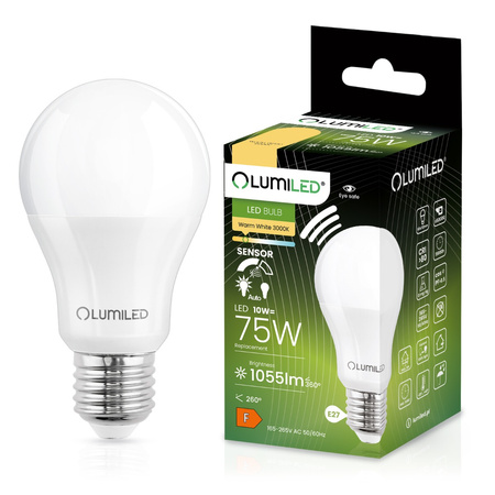 Żarówka LED E27 A60 10W = 75W 1055lm 3000K Ciepła 260° z Czujnikiem Ruchu LUMILED