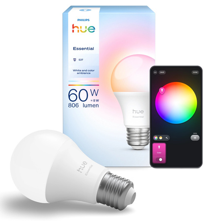 Żarówka LED E27 A60 8W = 60W 806lm 2200-6500K CCT + RGB SMART Inteligentna Bluetooth ZigBee White and Color Ambiance Philips HUE Essential