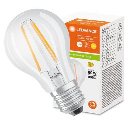 Żarówka LED A60 E27 7W = 60W 806lm 2700K Ciepła Biała FILAMENT ŚCIEMNIALNA LEDVANCE
