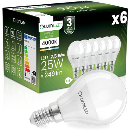 6x Żarówka LED E14 Kulka P45 2,5W = 25W 249lm 4000K Neutralna 180° LUMILED
