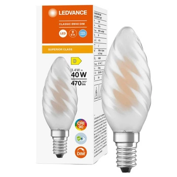 Żarówka LED Świeczka E14 BW40 3,4W = 40W 470lm 4000K Neutralna 300° CRI90 Filament Mleczna Ściemnialna LEDVANCE Superior