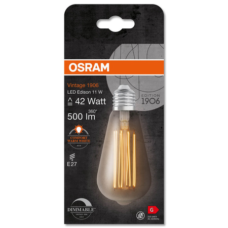 Żarówka LED E27 ST64 11W = 42W 500lm 1800K Ciepła 320° Filament OSRAM Vintage 1906