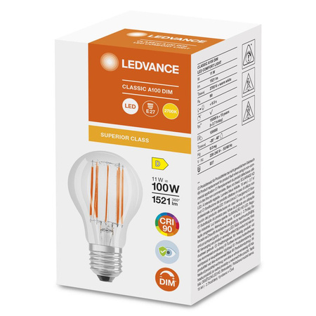 Żarówka LED E27 A60 11W = 100W 1521lm 2700K Ciepła 300° CRI90 Filament Ściemnialna LEDVANCE Superior