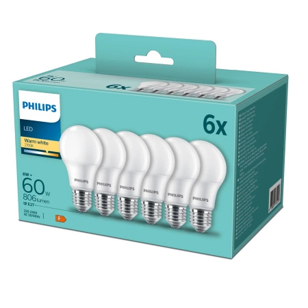 6x Żarówka LED E27 A60 8W = 60W 806lm 2700K Ciepła 180° Essential Philips