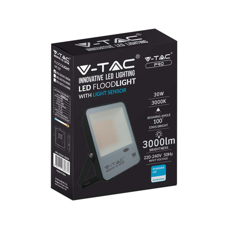 Naświetlacz LED 30W 3000lm 6500K IP65 Czarny z czujnikiem zmierzchu Samsung Chip VT-37 V-TAC