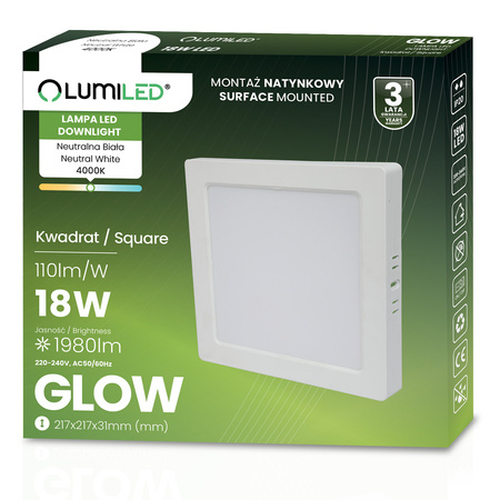 Oprawa Natynkowa Lampa LED Sufitowa 18W Kwadrat 4000K GLOW Biała LUMILED