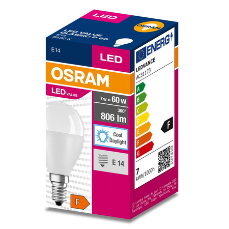 Żarówka LED P45 Kulka E14 6.5W = 60W 806lm 6500K Zimna 150° VALUE CLASSIC Osram