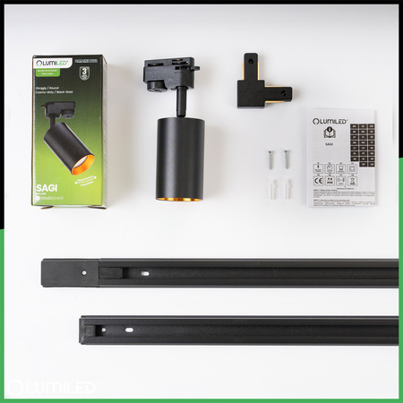 Zestaw Szyna Oświetleniowa Szynoprzewód 3m Czarny + 5x Reflektor Szynowy SAGI GU10 Czarno Złoty + Łącznik L LUMILED