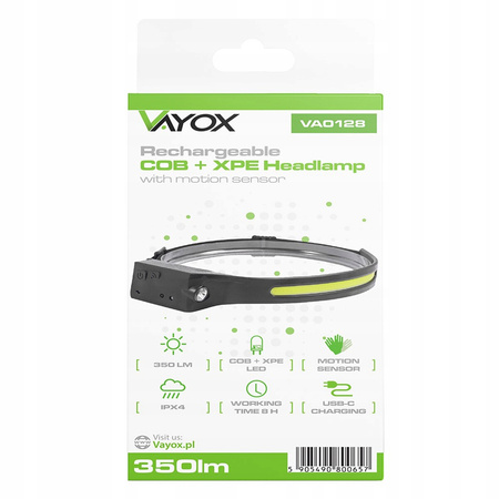 Latarka Czołowa LED Akumulatorowa COB+XPE 350lm IPX4 z Czujnikiem Ruchu 5 Trybów VAYOX