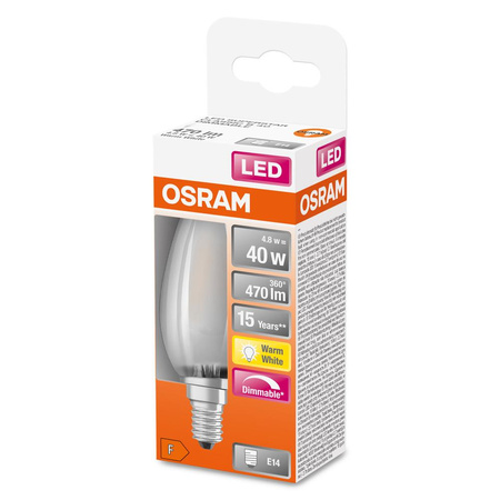 Żarówka LED B35 Świeczka E14 4.8W = 40W 470lm 2700K Ciepła 300° Ściemnialna Retrofit Filament CLASSIC Osram