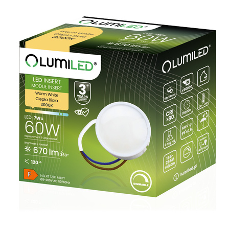 10x Wkład do Opraw LED Moduł INSERT Mleczny 7W = 60W 120° 670lm 3000K Ciepły Ściemnialny LUMILED