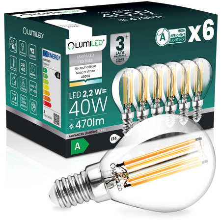 6x Żarówka LED E14 Kulka P45 2,2W 470lm = 40W 4000K Neutralna 360° Filament KLASA A LUMILED