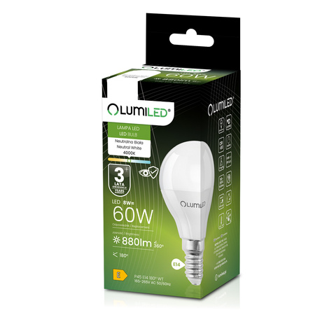 Żarówka LED E14 Kulka P45 8W = 60W 880lm 4000K Neutralna 180° LUMILED