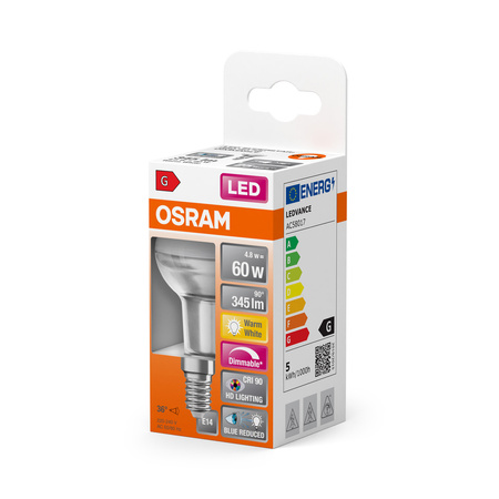 Żarówka LED R50 Reflektor E14 4.8W = 60W 345lm 2700K Ciepła CRI90 36° Ściemnialna SUPERSTAR Osram
