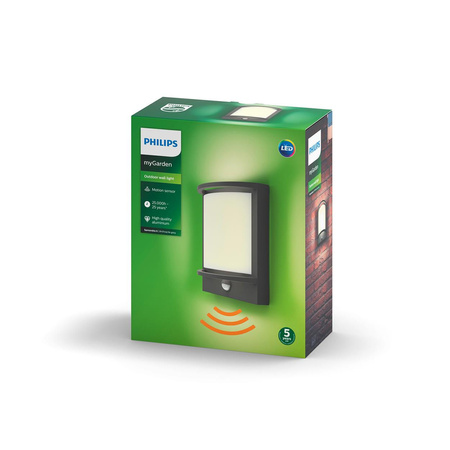 Kinkiet Ogrodowy Lampa Elewacyjna Zewnętrzna LED 12W 1200lm 2700K IP44 z Czujnikiem Ruchu i Zmierzchu Antracyt Samondra Philips