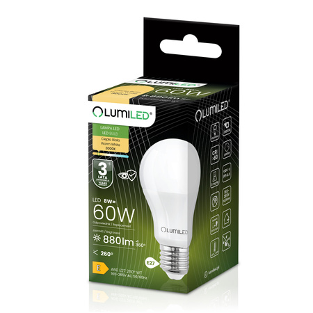 Żarówka LED E27 A60 8W = 60W 880lm 3000K Ciepła 260° LUMILED