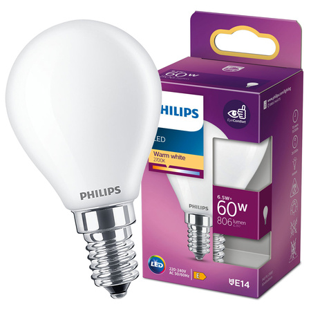 Żarówka LED Kulka E14 P45 6.5W = 60W 806lm 2700K Ciepła Filament Mleczna PHILIPS