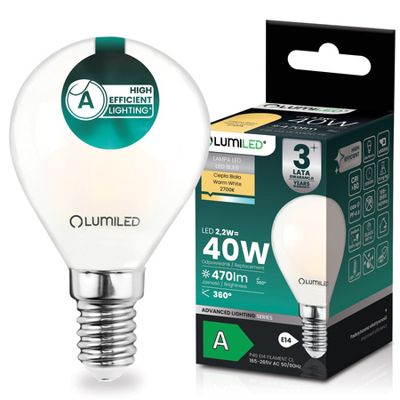Żarówka LED E14 Kulka P45 2,2W 470lm = 40W 2700K Ciepła 360° Filament KLASA A LUMILED
