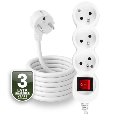 Przedłużacz Sieciowy Kabel z Uziemieniem Listwa Zasilająca 3 Gniazda 5m Włącznik ON/OFF Biały Sznur Lendo Lumiled