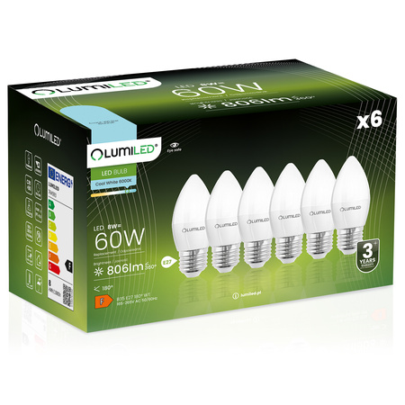 Zestaw 6x Żarówka LED E27 B35 8W = 60W 806lm 6500K Zimna 180° LUMILED