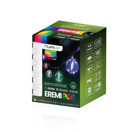 Girlanda Solarna Ogrodowa 20x LED Ozdobne Żarówki G50 10.6m 3000K RGB + Pilot EREMI LUMILED