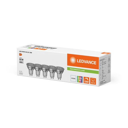 5x Żarówka LED PAR16 GU10 4.5W = 50W 350lm 4000K Neutralna Biała 36° ŚCIEMNIALNA LEDVANCE