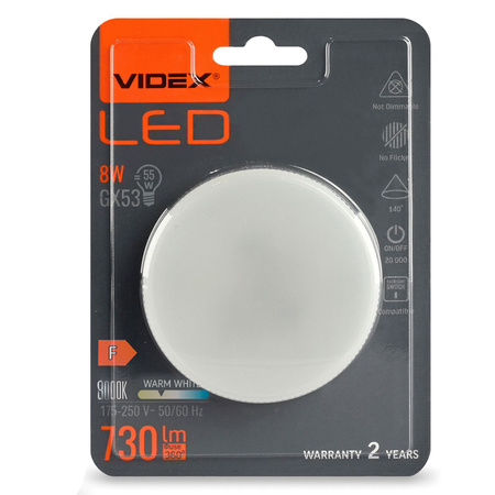 Żarówka LED GX53 Reflektor 8W = 55W 730lm 3000K Ciepła 140° Videx