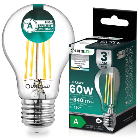 Żarówka LED E27 A60 3,8W 840lm = 60W 4000K Neutralna 360° Filament KLASA A LUMILED