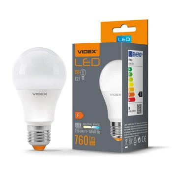 Żarówka LED E27 A60 8W = 57W 760lm 4000K Neutralna 240° Videx