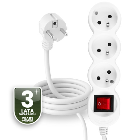 Przedłużacz Sieciowy Kabel z Uziemieniem Listwa Zasilająca 3 Gniazda 1.5m Włącznik ON/OFF Biały Sznur Lendo Lumiled