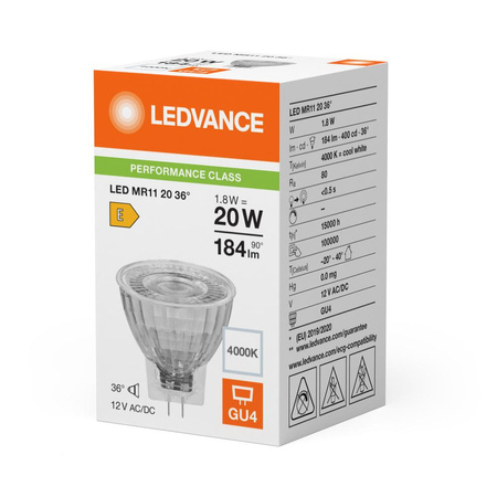Żarówka LED Reflektor GU4 MR11 1.8W = 20W 184lm 4000K Neutralna 36° 12V Ledvance