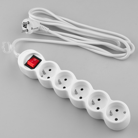 Przedłużacz Sieciowy Kabel z Uziemieniem Listwa Zasilająca 5 Gniazd 3m Włącznik ON/OFF Biały Sznur Lendo Lumiled