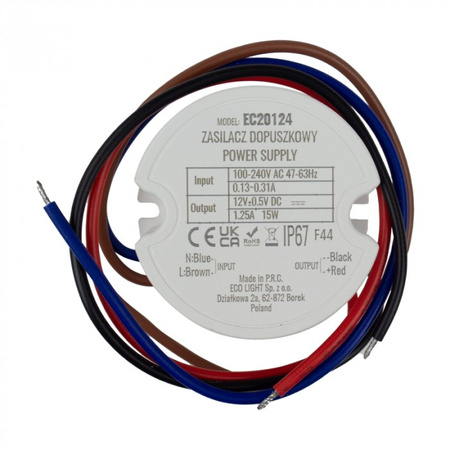 Zasilacz dopuszkowy FI60 do Taśm LED 15W 12V 1.25A Hermetyczny IP67 Ecolight