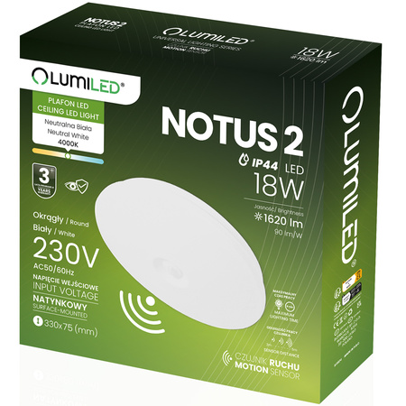 Plafon LED Lampa Sufitowa Natynkowa 18W NOTUS 2 Okrągły Czujnik Ruchu IP44 33 cm LUMILED