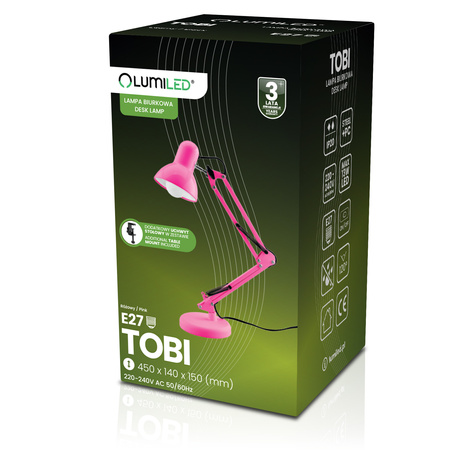 Lampka Biurkowa Kreślarska Stołowa E27 TOBI Różowa Lumiled + uchwyt na blat